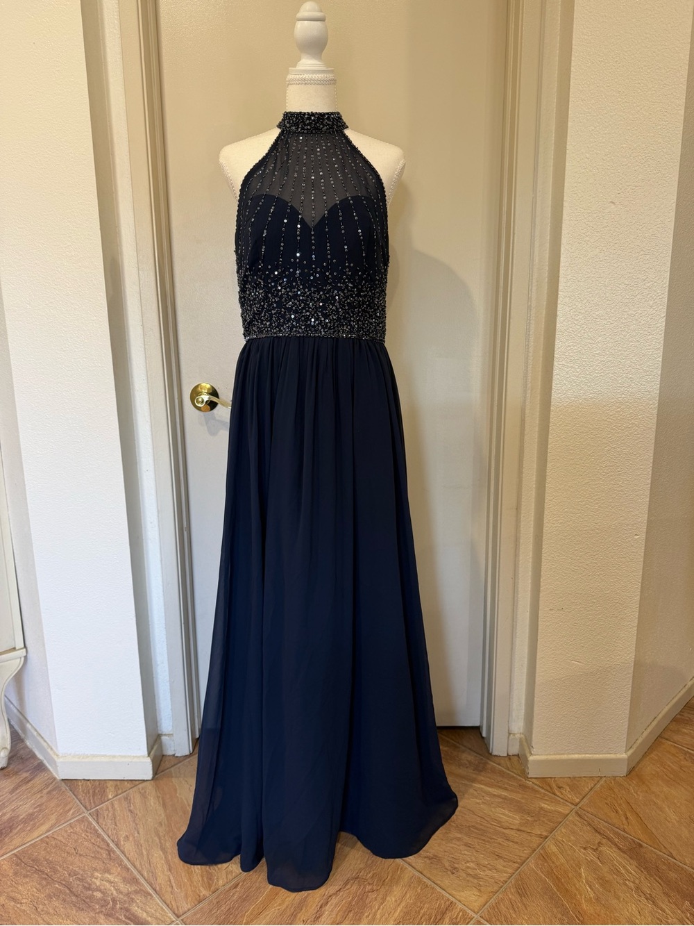 Adrianna Papell Navy Halter Chiffon Maxi with Beaded Bodice Size 12